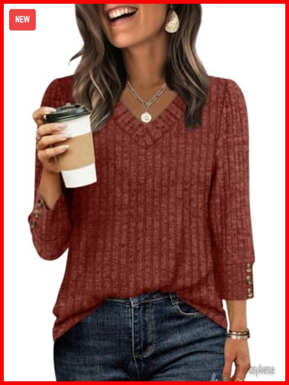 Womens V Neck 3/4 Sleeve Tunic Top Lightweight Loose Fit Casual Fall Shirt